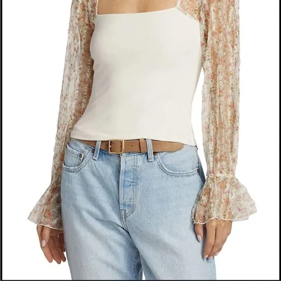 NWT Free People Intimately Gimme Butterflies Cream Floral Sheer Sleeve Blouse - Picture 4 of 10
